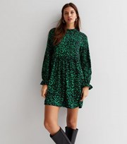 New Look Green Abstract Print High Neck Long Sleeve Frill Mini Dress